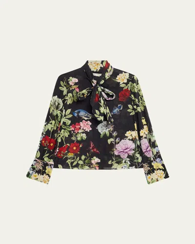 Alice And Olivia Lloyd Floral Slit-sleeve Blouse In Black