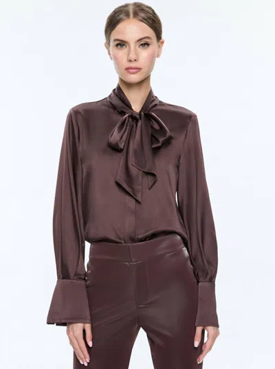 Alice And Olivia Lloyd Slit Sleeve Button Down Blouse In Espresso In Brown