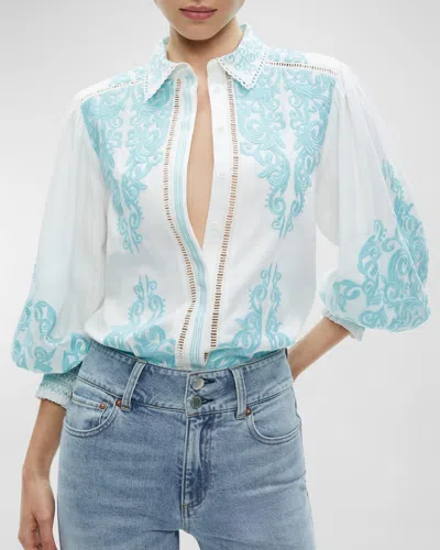 Alice And Olivia Loryn Embroidered Button-front Blouse In Off White,spring Sky