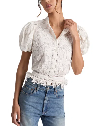Alice And Olivia Loryn Embroidered Eyelet Puff Sleeve Top In White