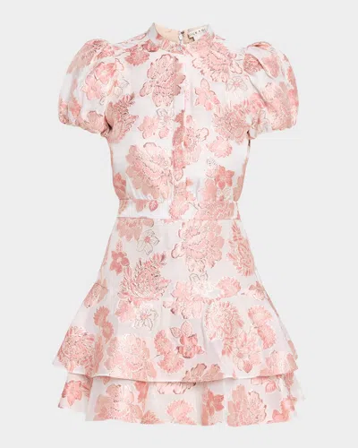 Alice And Olivia Loryn Metallic Floral Puff-sleeve Mini Dress In Pink