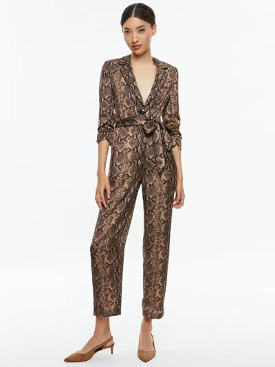 Alice And Olivia Louetta Pleated Tuxedo Jumpsuit In Camel/black Snake