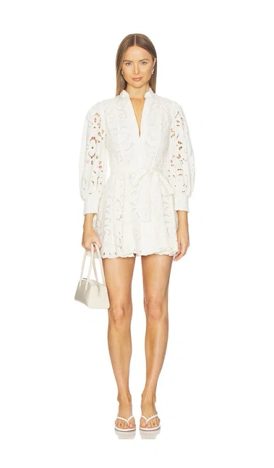 Alice And Olivia Lucy Embroidered Longsleeve Mini Shirt Dress With Tie Belt In White