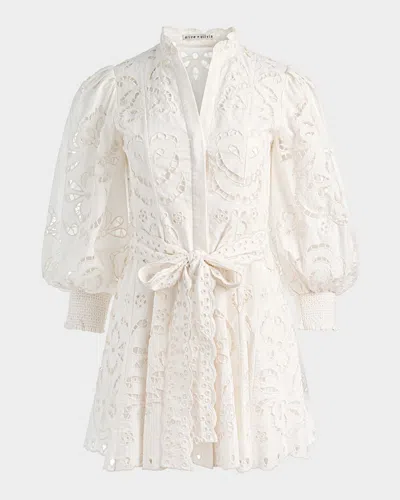 Alice And Olivia Lucy Embroidered Longsleeve Mini Shirt Dress With Tie Belt In White