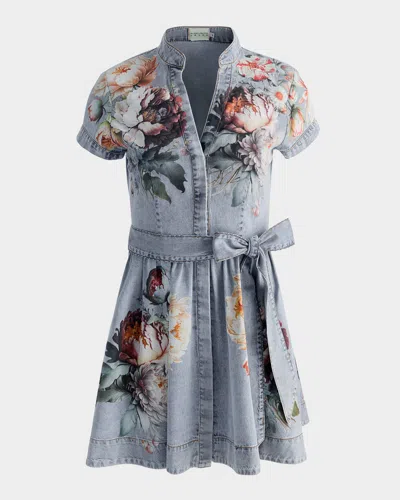 Alice And Olivia Lucy Floral Denim Mini Shirtdress In Blue