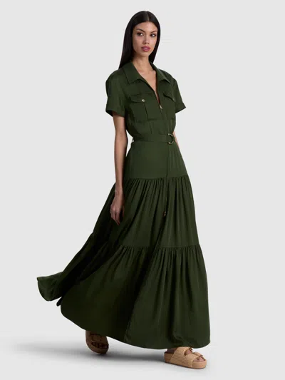 Alice And Olivia Lucy Tiered Utility Maxi Shirt Dress In Green