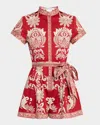 Alice And Olivia Lucy Roll-sleeve Button-front Romper In Red