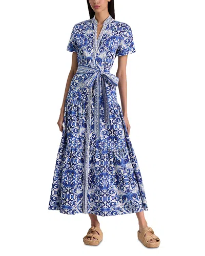 Alice And Olivia Lucy Roll Sleeve Midi Shirt Dress In Blue