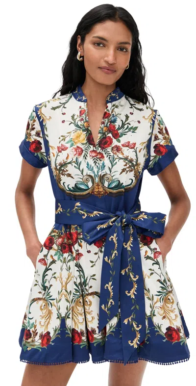Alice And Olivia Lucy Short Sleeve Mini Shirt Dress With Tie Belt Gilded Rose In Blue