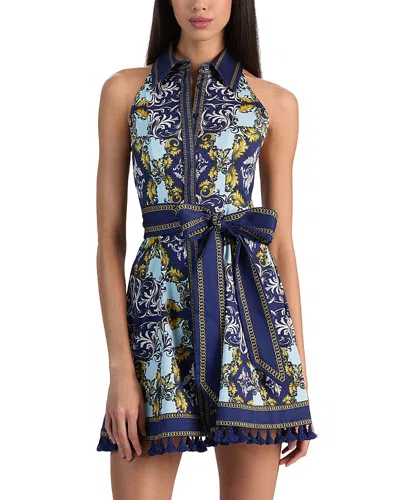 Alice And Olivia Lucy Halter Mini Shirt Dress Antique Scroll In Blue