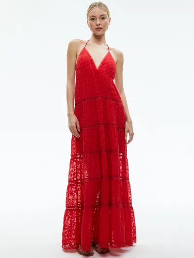Alice And Olivia Mae Halter Tiered Maxi Dress In Bright Ruby