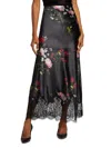 Alice And Olivia Maeve Midi Slip Skirt With Lace Trim In Floral Dreams In Black