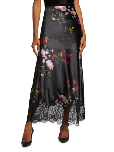 Alice And Olivia Maeve Midi Slip Skirt With Lace Trim In Floral Dreams In Black