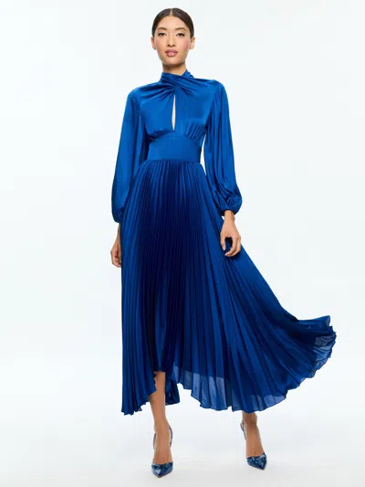 Alice And Olivia Mahogany Twist Neck Pleated Maxi Dress In Blue