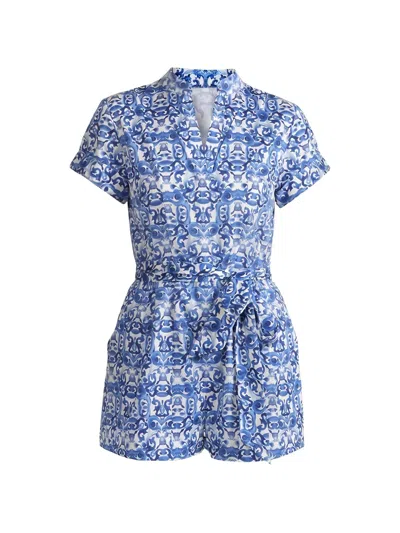 Alice And Olivia Majolica-print Belted Playsuit In Blue