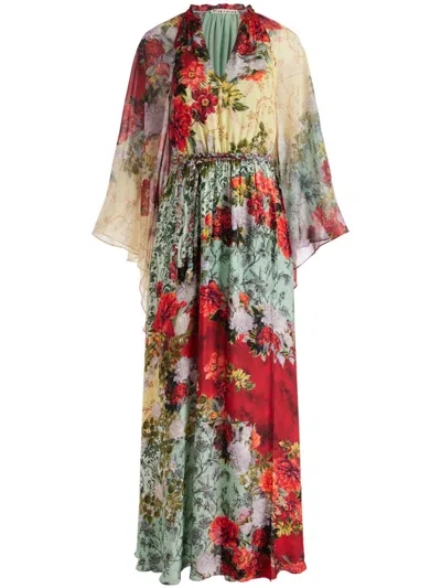Alice And Olivia Malinda Chiffon-paneled Floral-print Twill Maxi Dress In Oakley