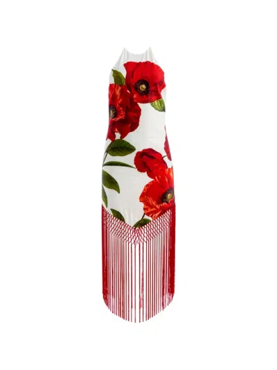 Alice + Olivia Mallory Halter Neck Fringe Hem Linen-blend Midi Dress In Red