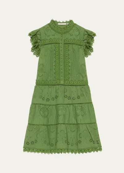 Alice And Olivia Marina Tiered Embroidered Mini Dress In Avocado