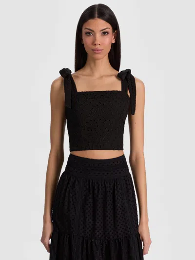 Alice And Olivia Marinda Embroidered Cropped Top In Black