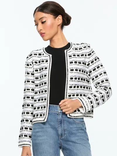 Alice And Olivia Marjorie Textured Tweed Stitch Cardigan Jacket In Soft Whiteblack