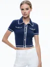 Alice And Olivia Marlena Button Front Polo Top In Indigo/ecru