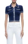 Alice And Olivia Marlena Button Front Polo Top In Indigo Ecru