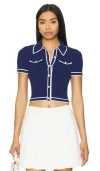 Alice And Olivia Marlena Button Front Polo Top In Indigo & Ecru