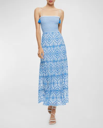 Alice And Olivia Marna Embroidered Tiered Tie-strap Maxi Dress In Off White/french Blue