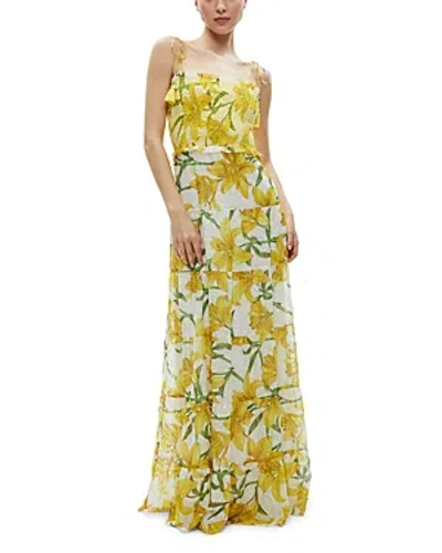 Alice And Olivia Marna Tiered Midi Tie Strap Dress In Yellow