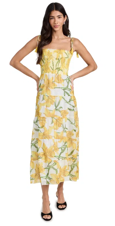 Alice And Olivia Marna Tiered Smocked Floral-print Broderie Anglaise Midi Dress In Yellow