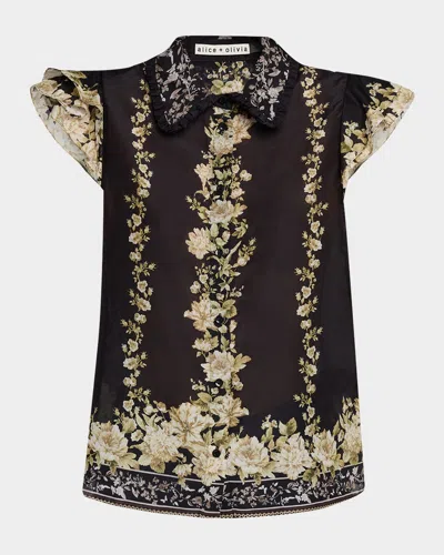 Alice And Olivia Martel Floral Flutter-sleeve Blouse In Multi