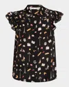 Alice And Olivia Martel Flutter-sleeve Blouse In Black Multi