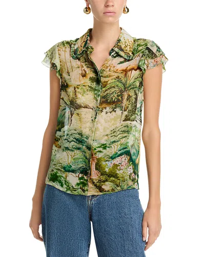 Alice And Olivia Martel Flutter Sleeve Blouse In Green