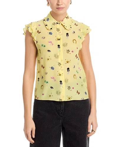Alice And Olivia Martel Silk Flutter Sleeve Blouse In Yellow