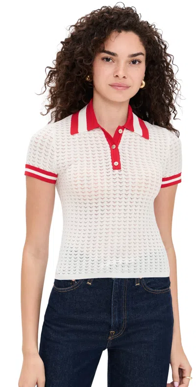 Alice And Olivia Martha Pointelle Polo Soft White/bright Ruby In Multi