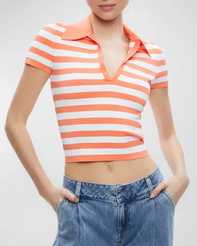 Alice And Olivia Martha Stripe Cropped Polo Top In Coral/soft White