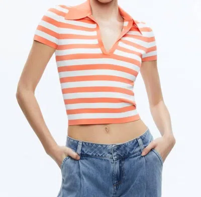 Alice And Olivia Martha Striped Polo In Coral/soft White In Multi