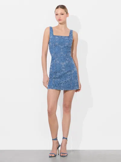 Alice And Olivia Maryann Floral Cutout Denim Dress In Avery Blue