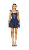 Alice And Olivia Alice + Olivia Maryann Tie-shoulder Drop-waist Mini Dress In 幽蓝色