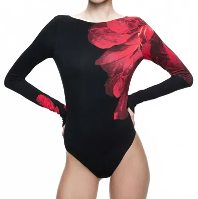 Alice And Olivia Masako Bodysuit In Peony Petals Bright Ruby In Multi