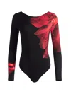 Alice And Olivia Masako Long Sleeve Open Back Bodysuit With Thumbholes In Peony Petals Bright Ruby