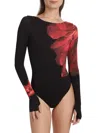 Alice And Olivia Masako Long Sleeve Open Back Bodysuit With Thumbholes In Black