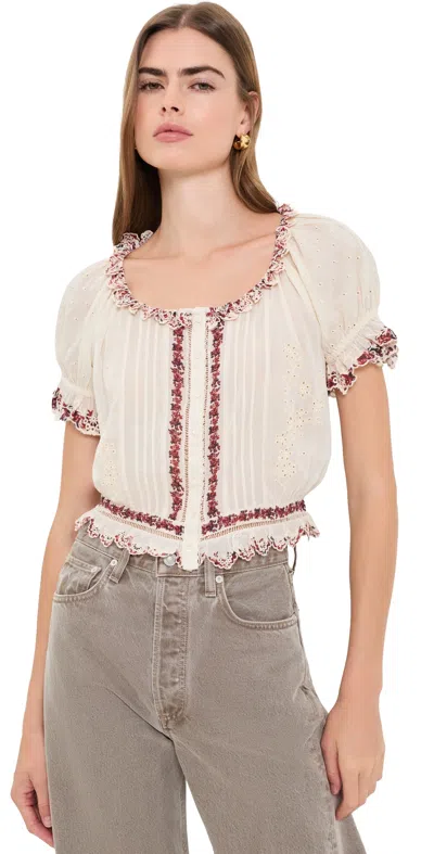 Alice And Olivia Mclaine Embr Puff Sleeve Cropped Blouse Orchard Glow