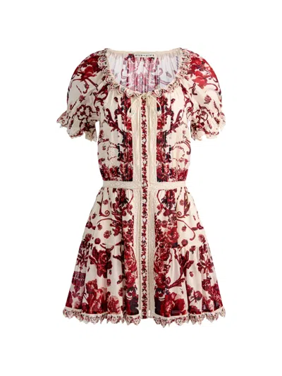 Alice And Olivia Mclaine Embroidered Puff Sleeve Button Down Tiered Mini Dress In Multi
