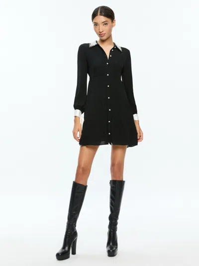 Alice And Olivia Meeko Embellished Collar Long Sleeve Mini Shirt Dress In Black