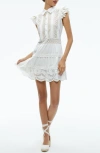 Alice And Olivia Meeko Embroidered Ruffled Sleeve Shirt Dress In Off White