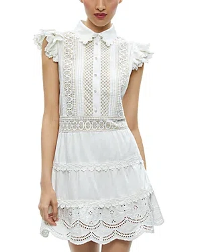 Alice And Olivia Meeko Embroidered Ruffle Sleeve Dress In White