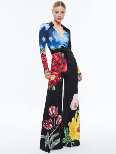 Alice And Olivia Melinda Floral-print Wide-leg Jumpsuit In Le Parisien Black