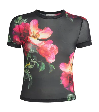 Alice And Olivia Mesh Floral Tess T-shirt In Black