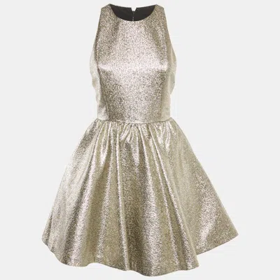Pre-owned Alice And Olivia Metallic Brocade Sleeveless Mini Dress S In Silver